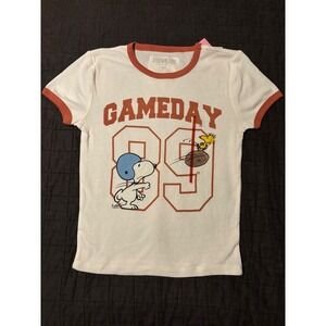 Peanuts Snoopy Gameday 89 Ringer Tee White Orange XS Football Woodstock